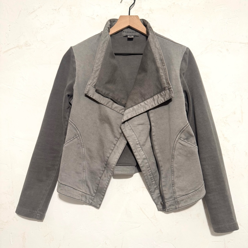 Marrakech Anthropologie gray draped moto jacket S cropped stretch cotton - Picture 3 of 13